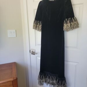 Pomander Place Tuckernuck Black Velvet Maxi Dress with Gold Lace Trim